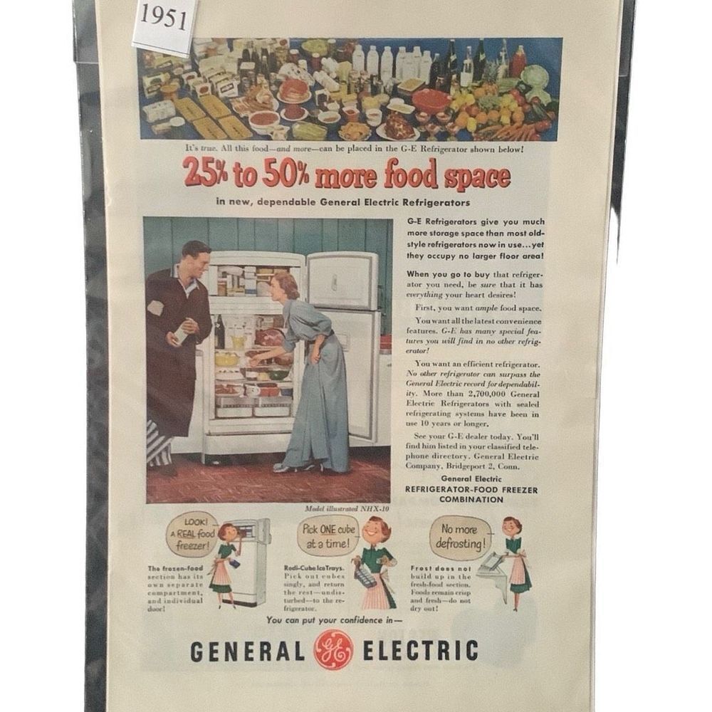 Vintage 1951 General Electric GE Refrigerator More Food Space Ad Advertisement